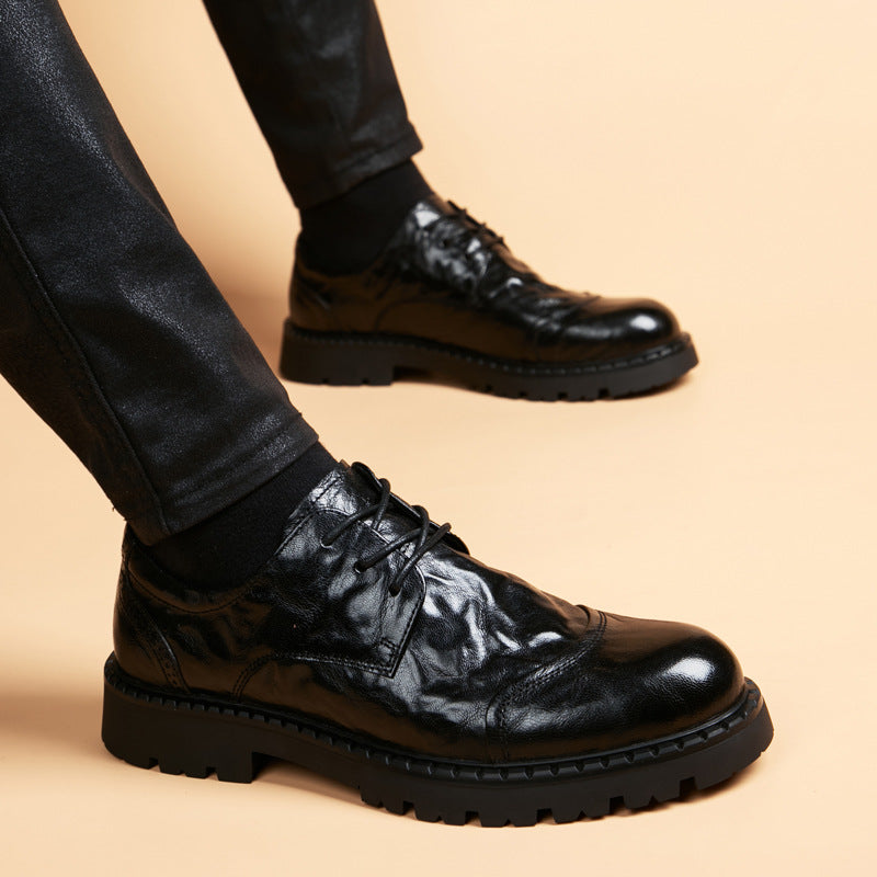 Men's Platform Formal Wear Round Toe Invisible Elevated Wedding British Men's Business Leather Shoes