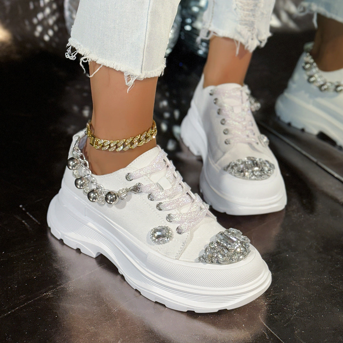 Women's Autumn Rhinestone Dad Chain Decorative Platform Women's Casual Shoes