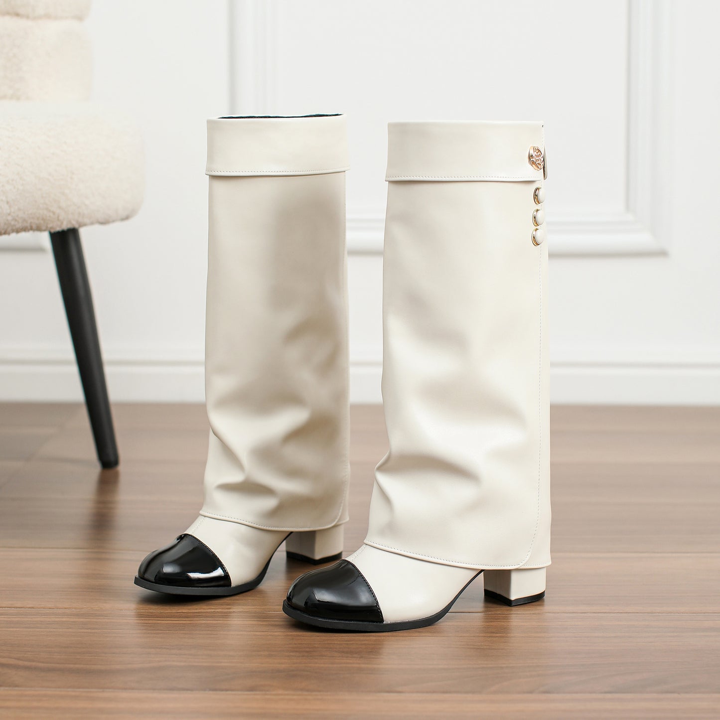 Women's Classic Style High-heeled Thigh Color Matching Round Toe High Pants Boots