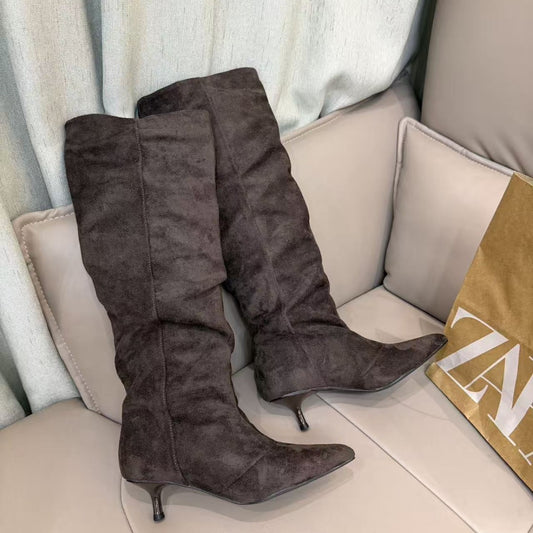 Women's Pointed Toe Pleated Cow Suede Pile Style High Cat Below Heels