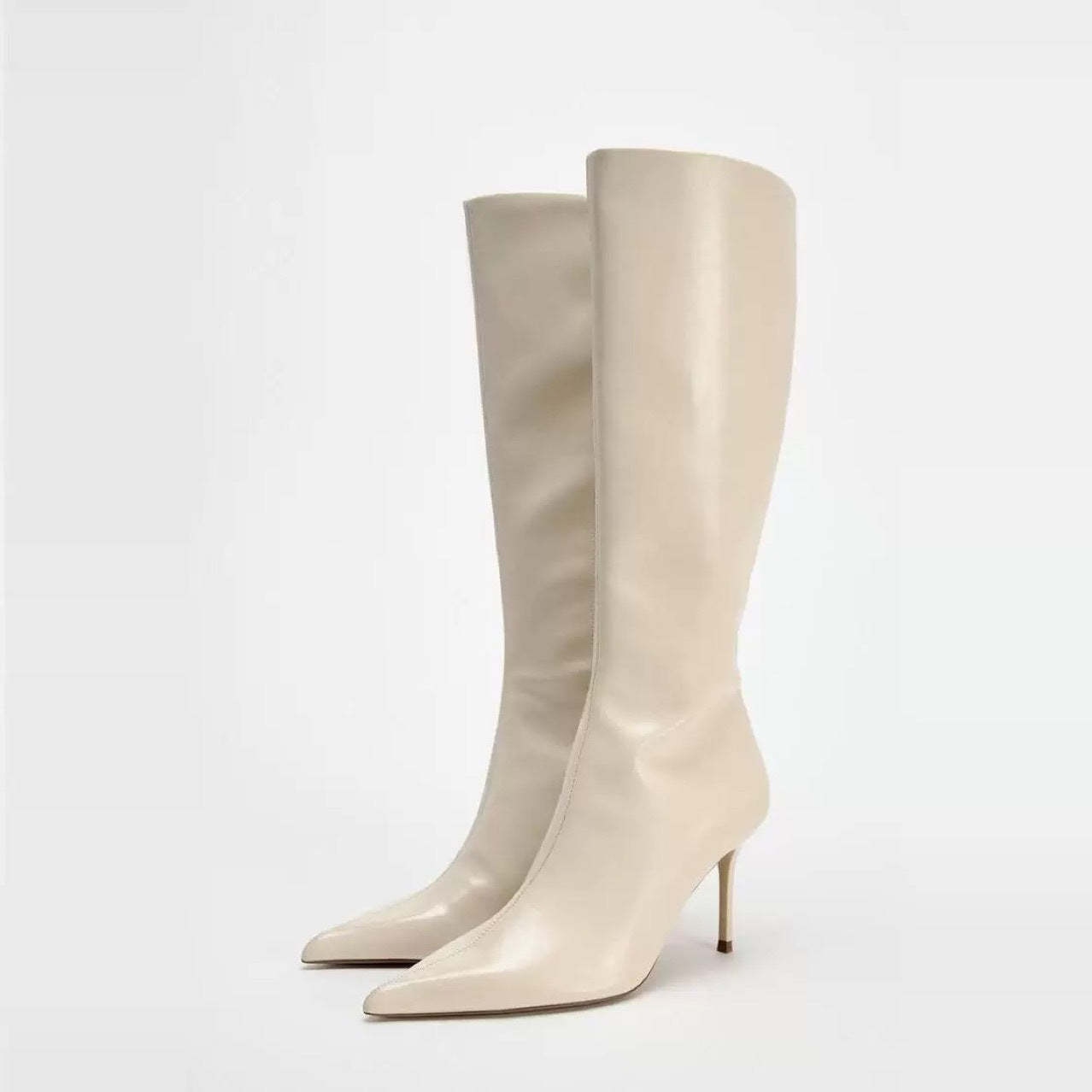 White Stiletto Sexy Pointed Toe Below The Knee Big Women's Leather Boots