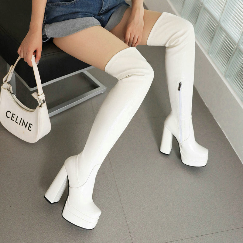 Women's Knee Square Head Thick Super High Waterproof Boots