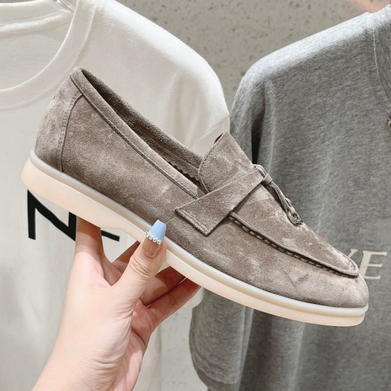 British Slip-on Lazy Pumps Deerskin Round Head Tassel Hardware Women's Casual Shoes