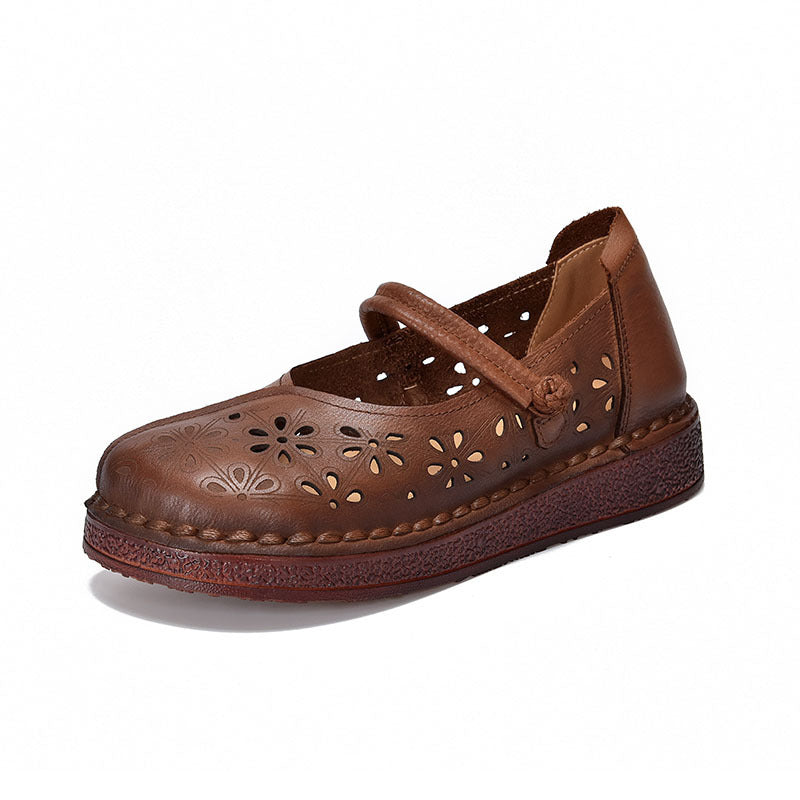 Women's Cowhide Hollow Soft Bottom Ethnic Style Retro Hole Mori Closed Sandals