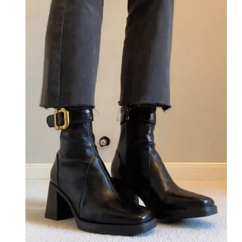 Women's High Booties French Chunky Square Toe Skinny Back Heels