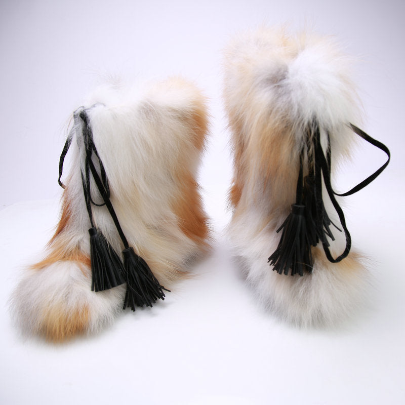 Women's Winter Outdoor Fox Fur Raccoon Snow Boots