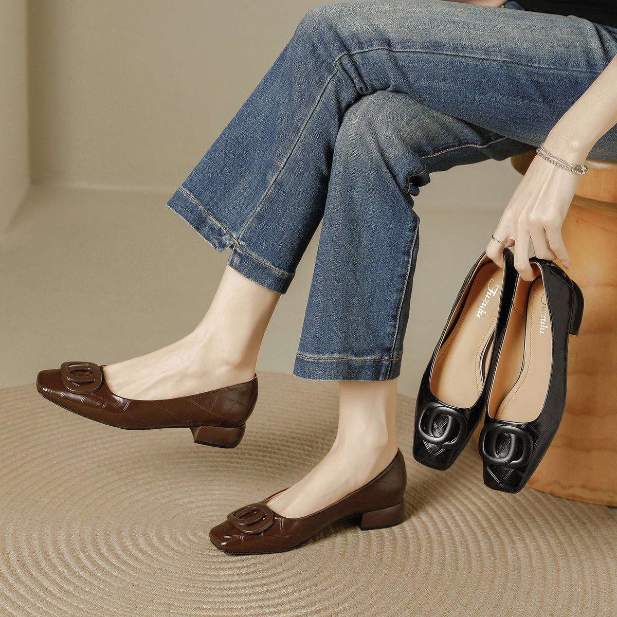 Women's Square Toe Chunky Low-cut Spring Not Tired Feet With Skirt Men's Shoes