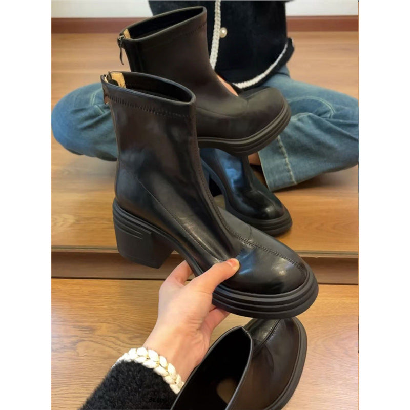 High Skinny Ankle Female Square Toe Rear Zipper Martin Women's Leather Boots