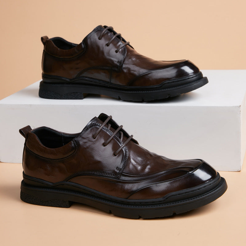 Men's First Layer Cowhide British Dress Fashion Lace Up Round Leather Shoes