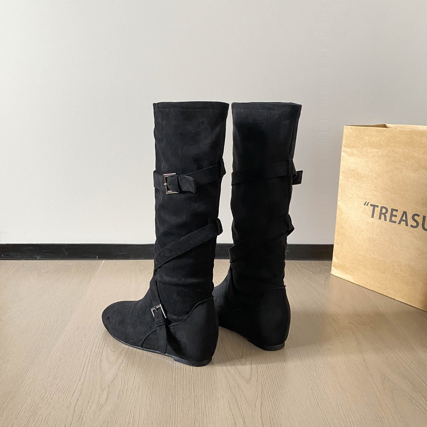 Autumn Norway Pile Style Height Increasing Insole Cross Buckle Strap Boots