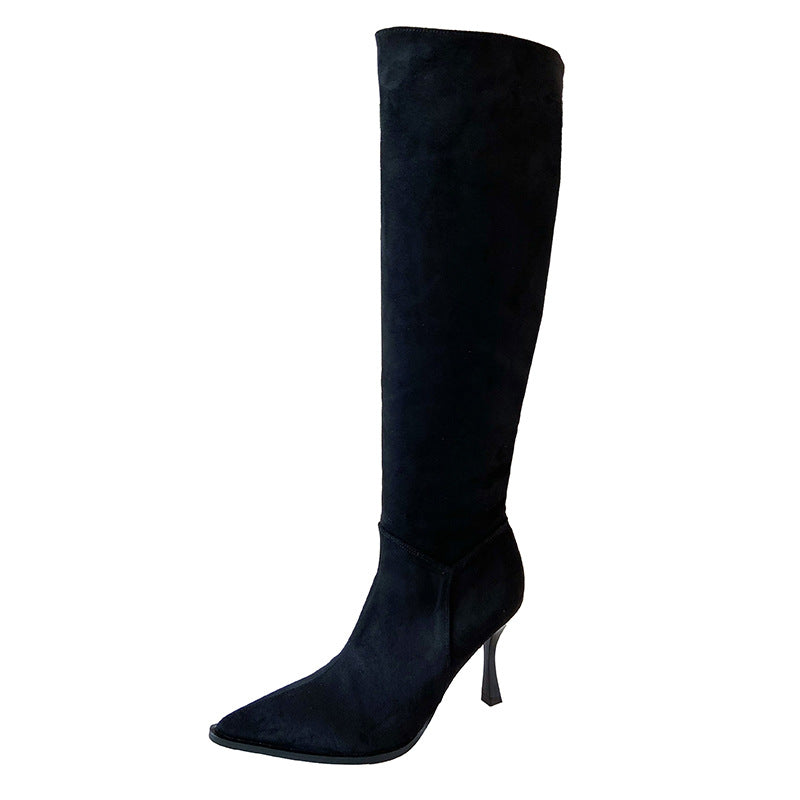 Women's Suede Pointed Toe Stiletto Pleated Pile Women's Leather Boots