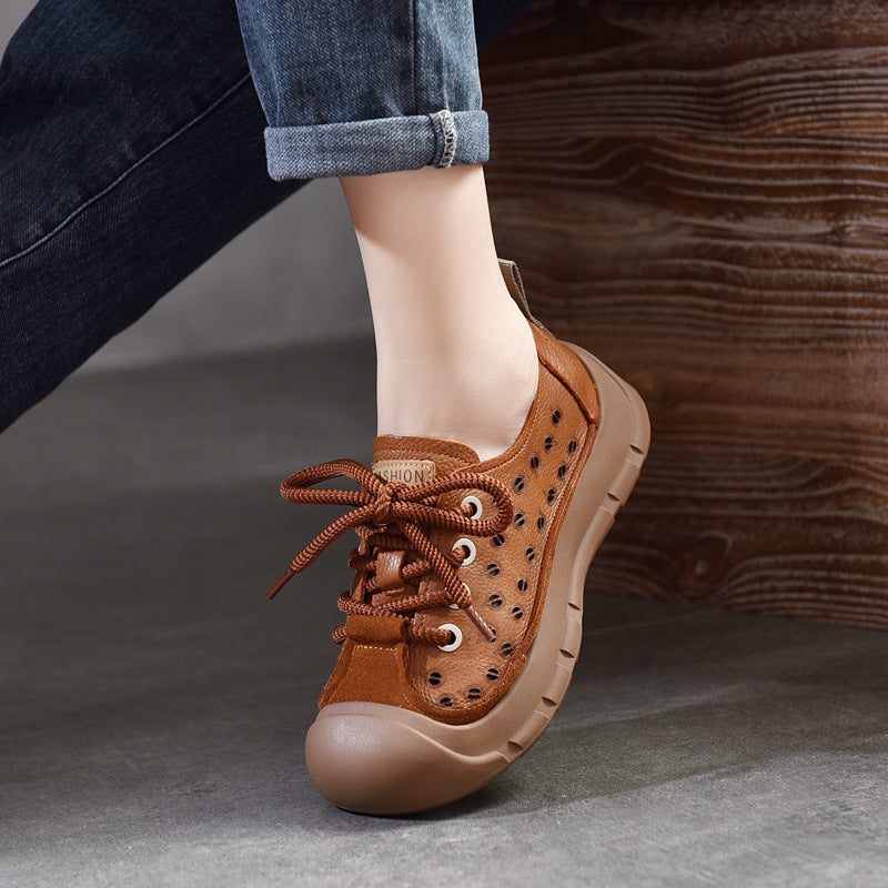 Women's First Layer Cowhide Closed Toe Hole Hollow Flat Retro Lace Platform Sandals
