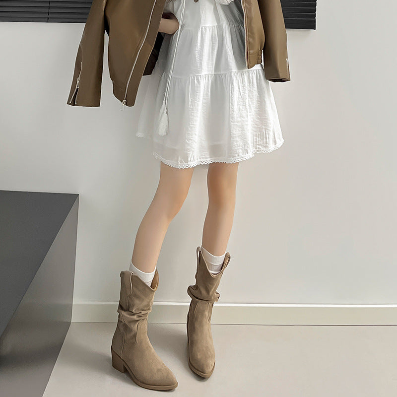 Women's Vintage Suede Pointed Toe Pile Style Short For V Cut Women's Leather Boots
