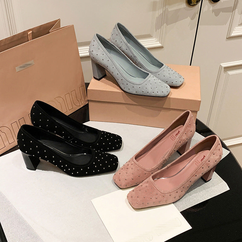 Women's Starry Sheepskin Affordable Luxury Style Rivet Square Toe Chunky Low-cut Heels