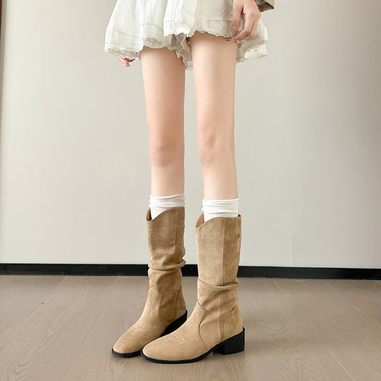 Women's Khaki V Cut Western Cowboy Middle Tall Knight High Pile Women's Leather Boots