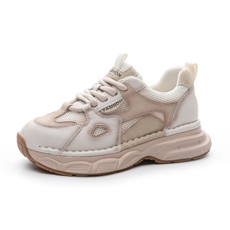 Women's First Layer Cowhide Lightweight Soft Sole Retro Color Matching Mesh Casual Shoes