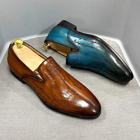 Men's Italian Style Letters Genuine Dress Slip-on Leather Shoes