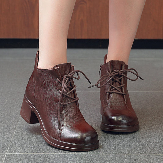 Women's Round Toe Mid Short First Layer Cowhide Women's Cotton Shoes