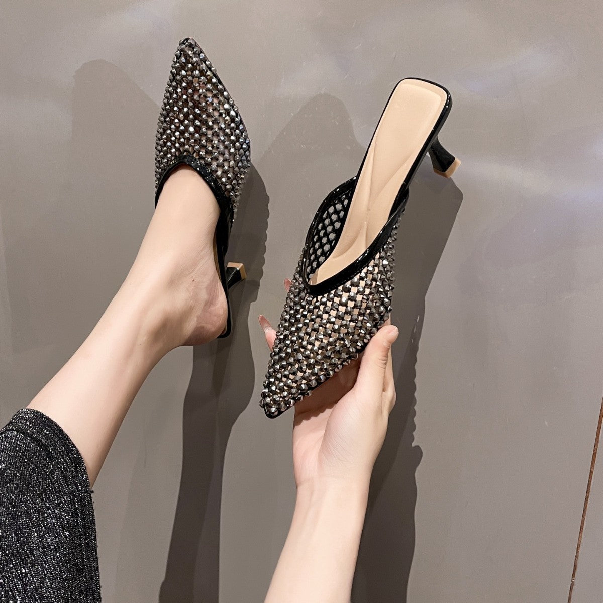 Women's Style Pointed Stiletto Summer Rhinestone Mesh Half Closed High Heeled Sandals