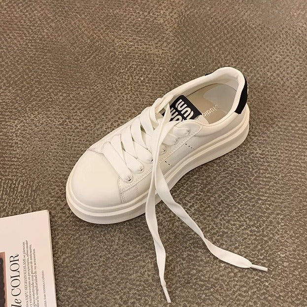 Women's Thick Bottom Height Increasing White Preppy Sneakers