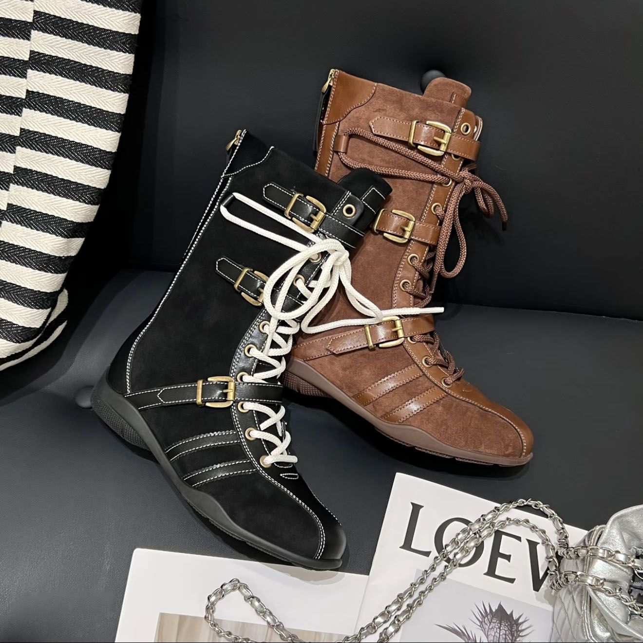 Women's Genuine Version Flat Bottom Increased Boxing Wedge Stitching Belt Buckle Boots