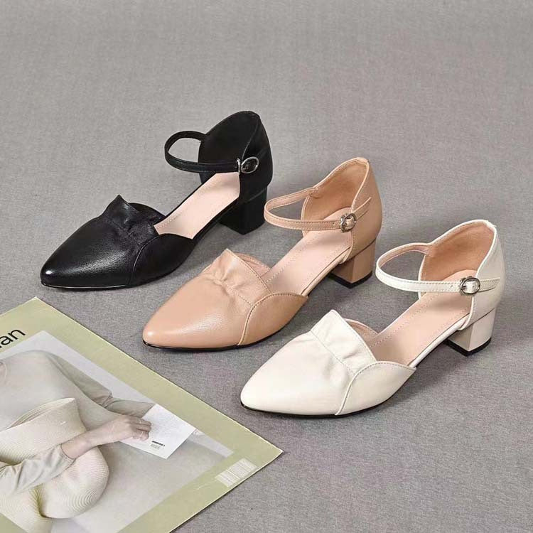 Women's Cowhide Pointed Buckle Hollow Back Empty Chunky High Heeled Sandals