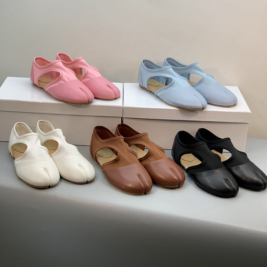 Women's Split Toe Pumps Spring Vintage Genuine Flat Ballet Hollowed Sandals