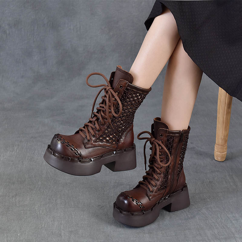 With First Layer Of Cowhide Mesh Chunky Martin Platform Sandals