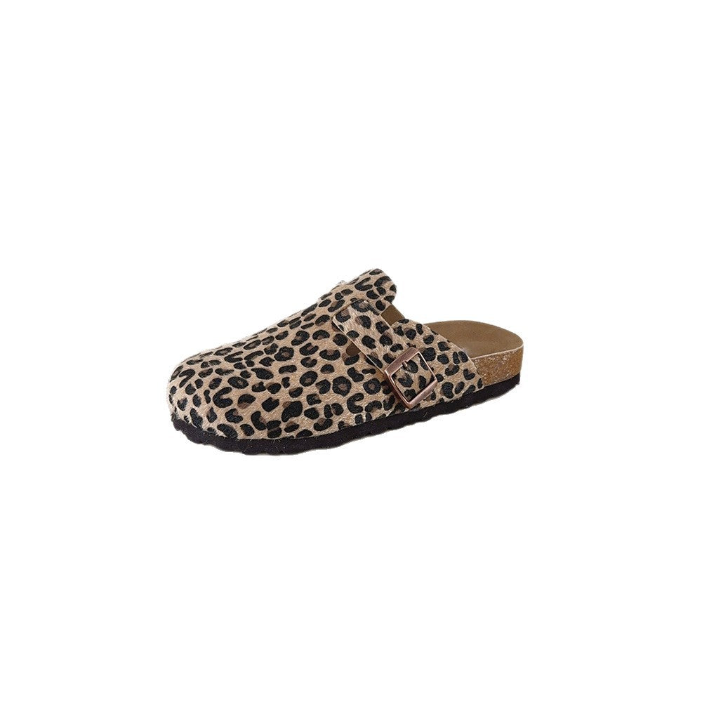 Women's Buckle Leopard Print Summer Closed Toe Half Support Slip-on Lofter Women's Casual Shoes