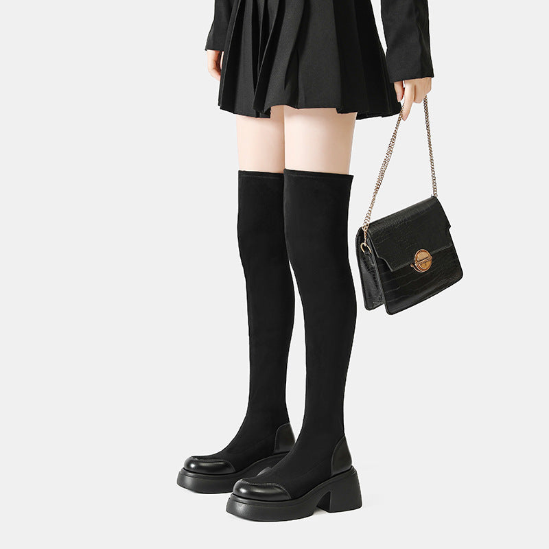 Women's Small Thick Bottom Round Head Over The Knee Korean Style Women's Leather Boots