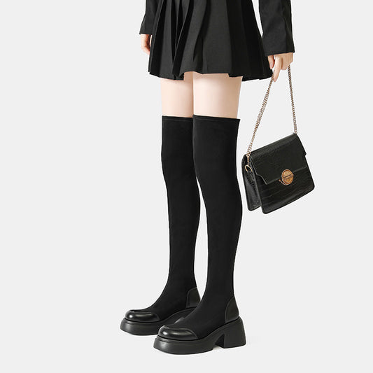 Women's Small Thick Bottom Round Head Over The Knee Korean Style Women's Leather Boots
