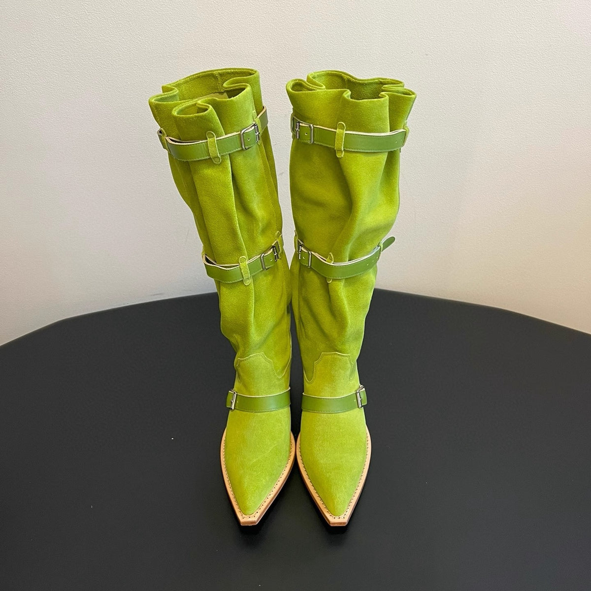 Pointed Toe Large Tube Circumference Pile Style Retro Western Cowboy Women's Leather Boots