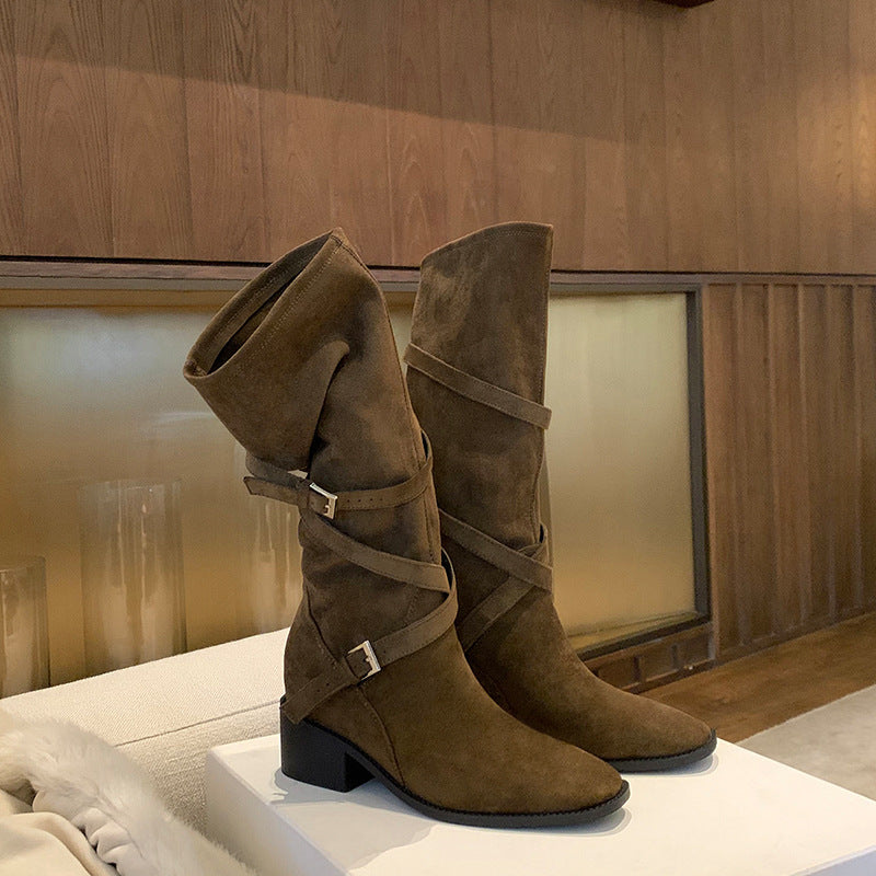 Large Long Leg Tip Round Head Cross With Thick High Boots