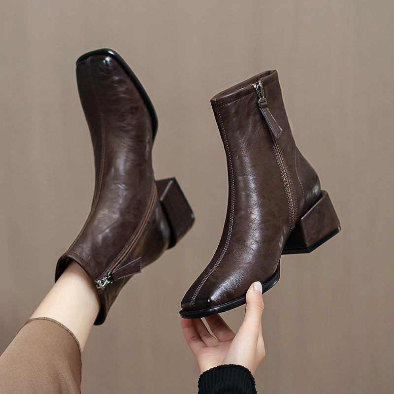 Women's Korean Style Retro Square Toe Thin Booties Chunky Side Zip Women's Leather Boots