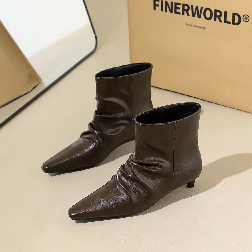 Women's Pointed Toe Stiletto Retro Lazy Style Pleated Fashion Pile French Women's Leather Boots