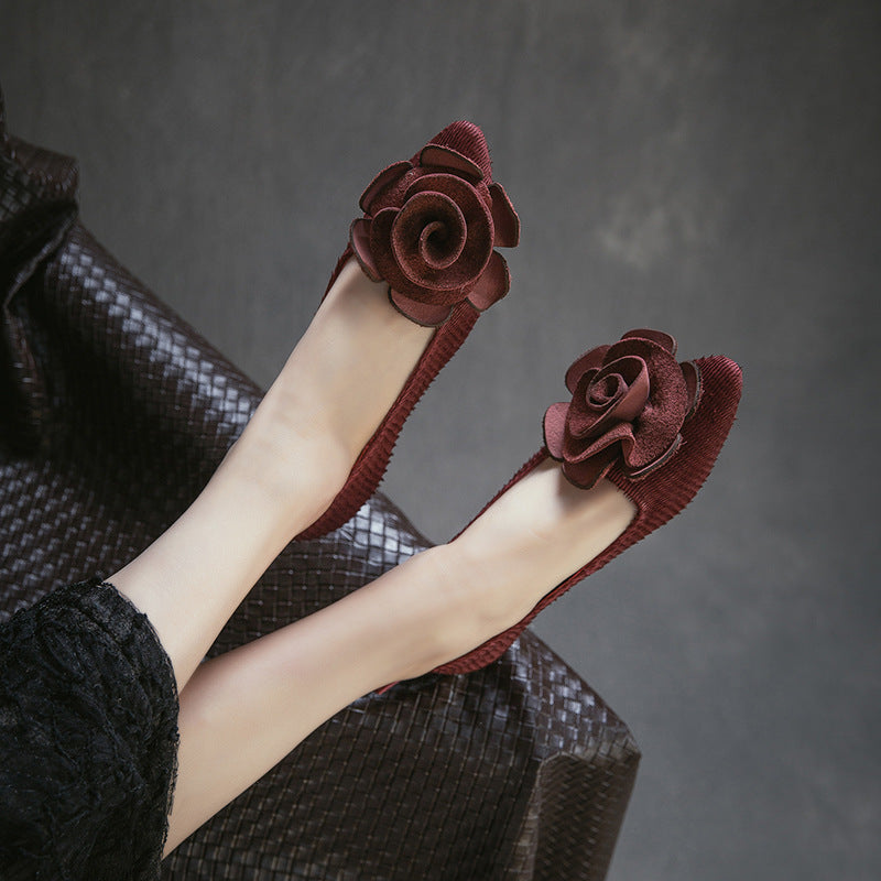 Layer Cowhide Flower Flat Pumps Slip-on Lofter Lightweight Comfortable Fashionable Women's Casual Shoes