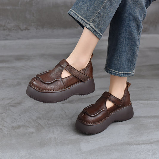 Women's Retro Cowhide Platform Heighten One Pedal Loafers