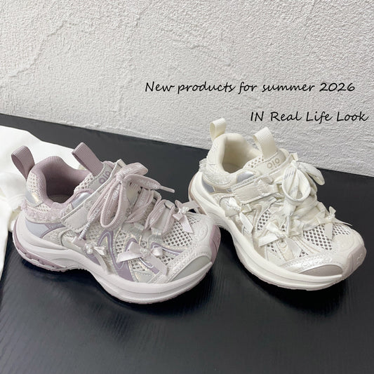 Ribbon Bow Paris Fashion Style Single Mesh Breathable Clunky Summer Sneakers
