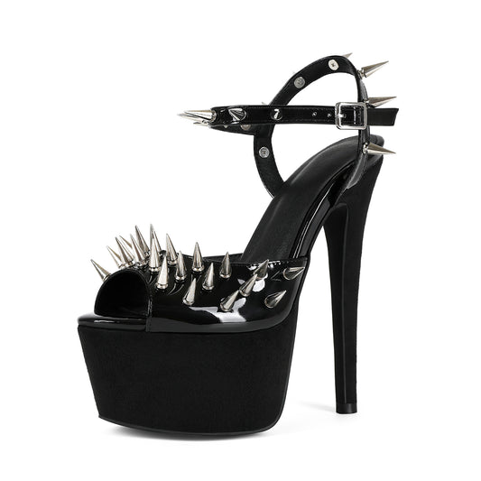 Women's Nightclub Sexy Rivet Black Platform Stiletto Large High Heeled Sandals