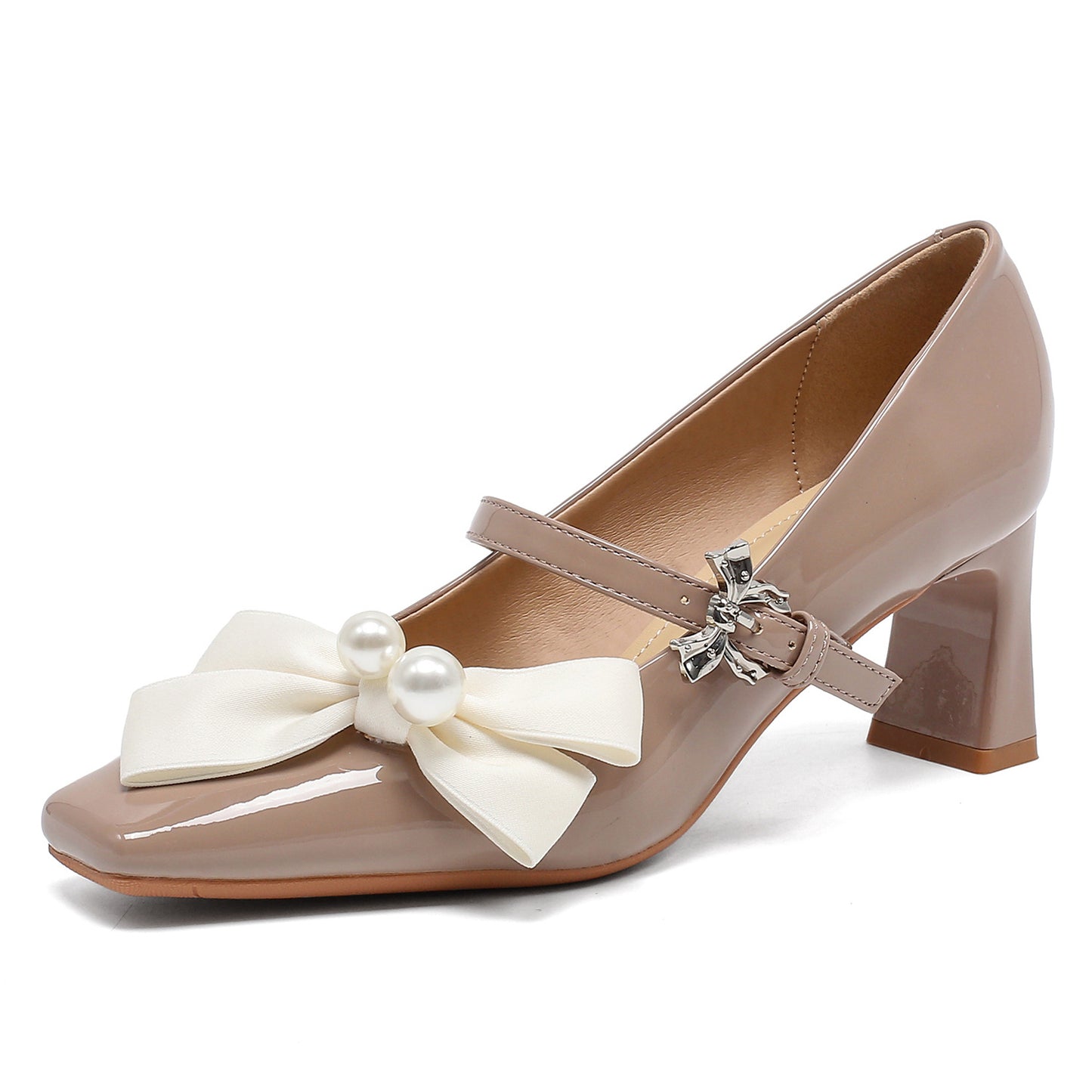 Women's Chunky Square Toe Mary Jane French Pearl Bow Heels
