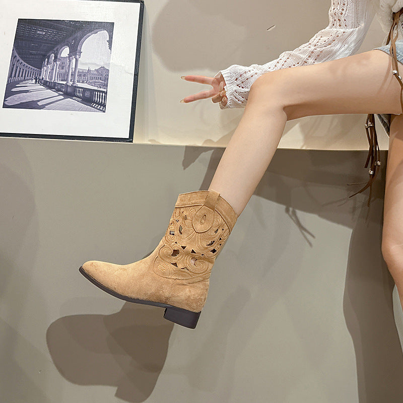 Women's Retro Western Cowboy Embroidered Chunky V Cut Knight Fashion Heels