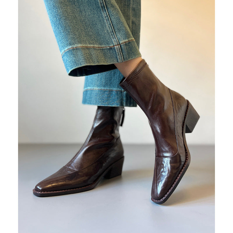 Women's Chunky Short Soft Stitching Chelsea Black Women's Leather Boots