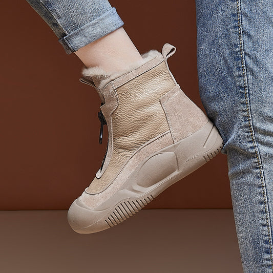 Women's Layer Cowhide Platform Winter Flat Genuine Snow Boots