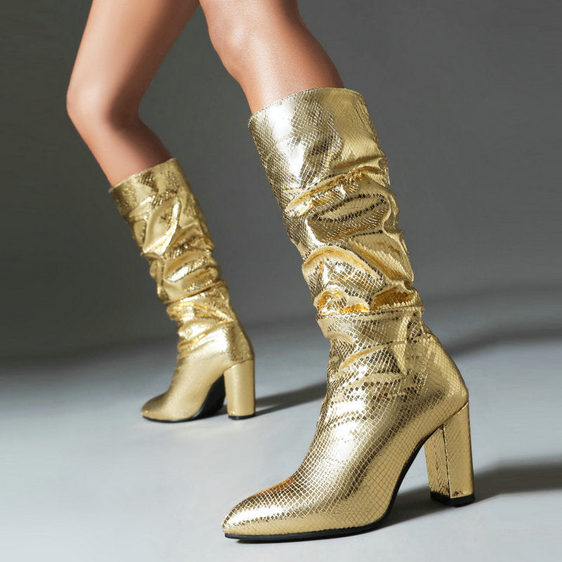 Women's Snake Pattern Thick Super Knight Waterproof Platform Pointed Women's Leather Boots