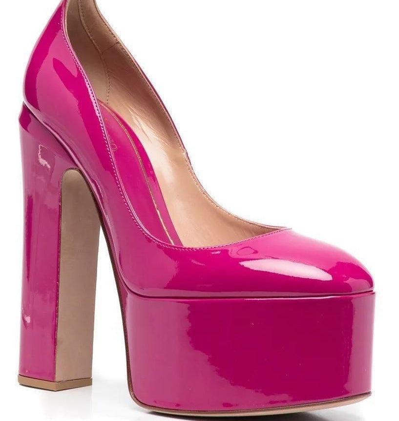 Waterproof Platform Patent Round Head Thick Bottom Ankle Ring Women's Shoes