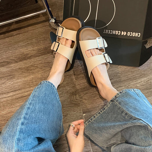 Women's Summer Flat Strap Square Buckle Platform Slippers