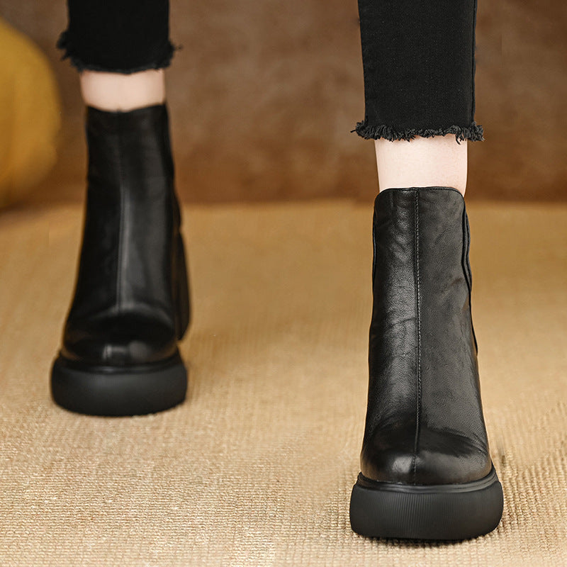 Waterproof Platform Round Head Ankle Female Soft Comfortable Women's Leather Boots