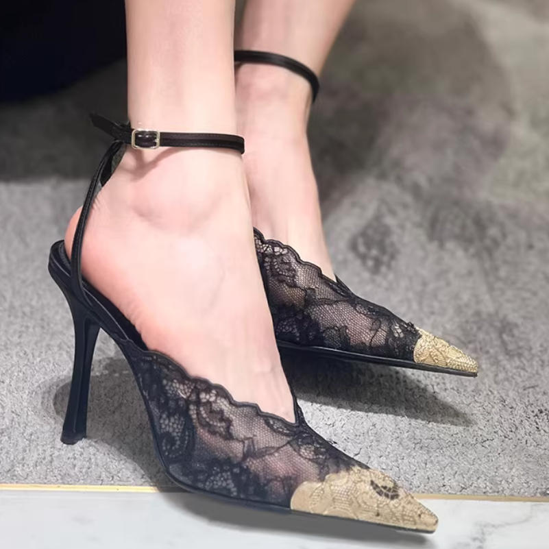 Pointed Toe Lace Sexy Temperament Stiletto High Heeled Sandals