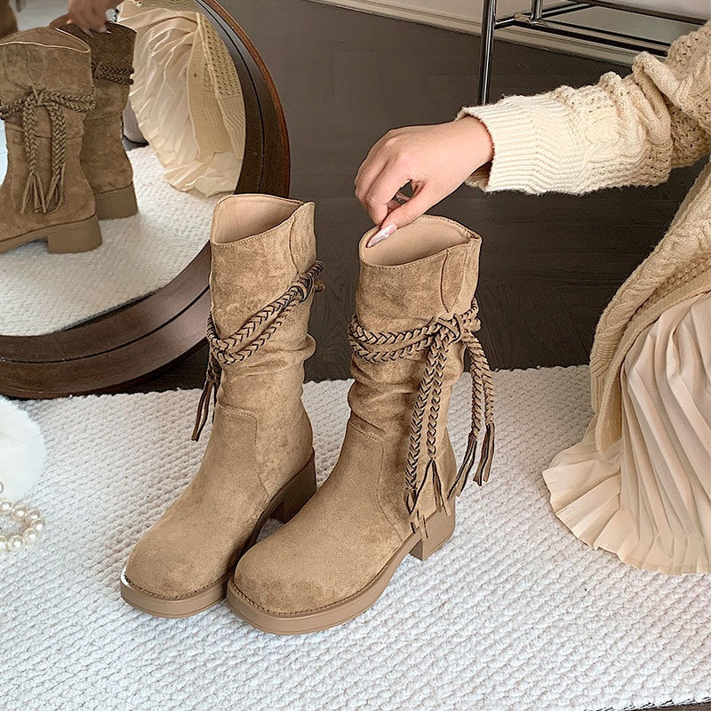 Women's Waste Soil Style Tassel Western Denim Knight Thick Brown Retro Women's Leather Boots