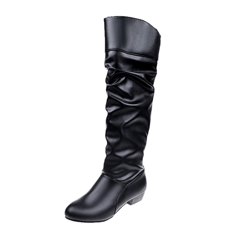 Women's Flat Bottom Mid Round Head Pleated Boots